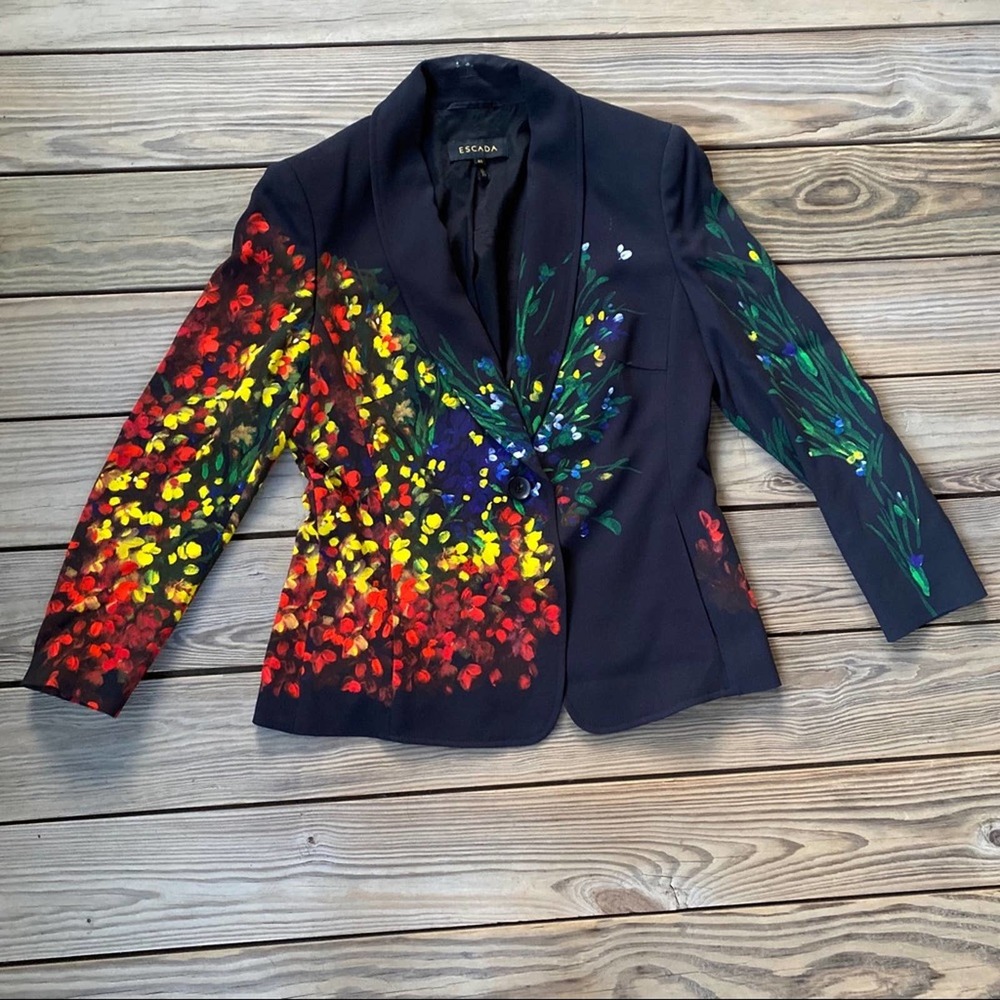 Escada black Blazer with Hand-Painted Red Yellow Green Floral Accents